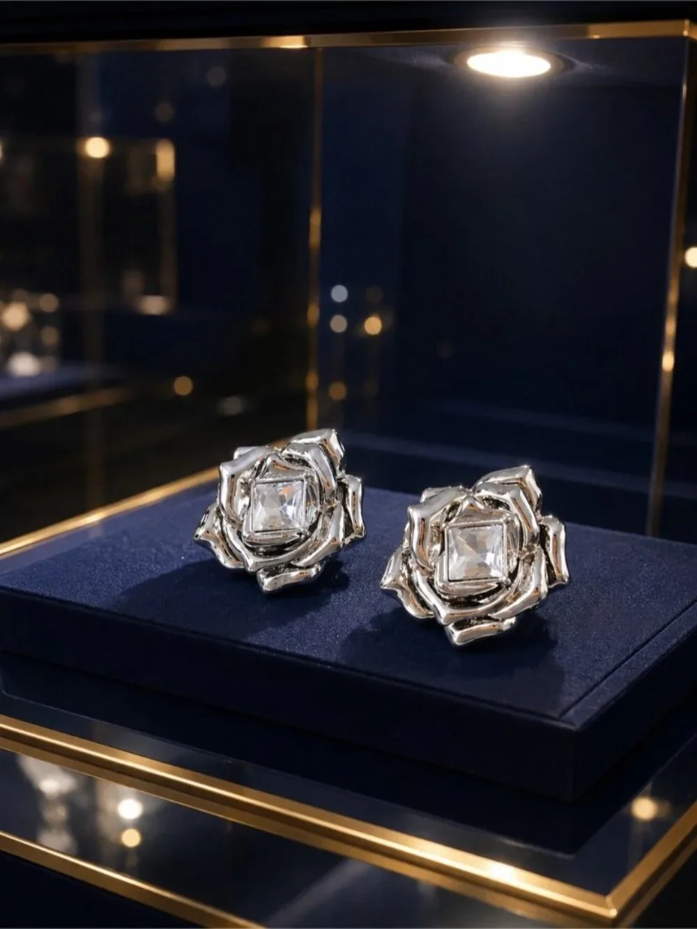 Silver Rose Stud Earrings with Clear Square Crystal - Women Jewelry